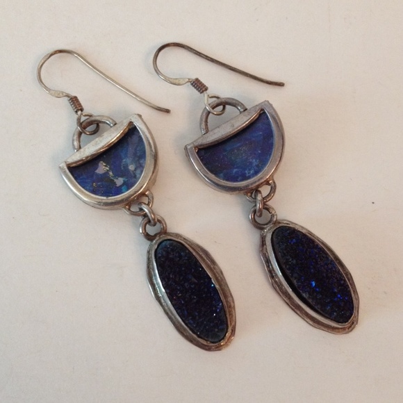 Druzy Quartz Roman Glass Earrings Sterling Silver Pierced Dangle Handcrafted - Picture 1 of 7